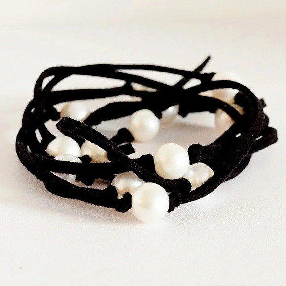 Leather Suede,Long Pearl Necklace, Leather Pearl Bracelet,Wrap Around Bracelet - Picture 2 of 5